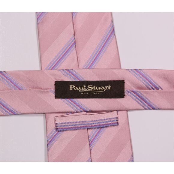 Paul Stuart Made in Japan Pink w/ Sky Blue Stripe Silk Handmade Necktie Tie Slim - Picture 5 of 6